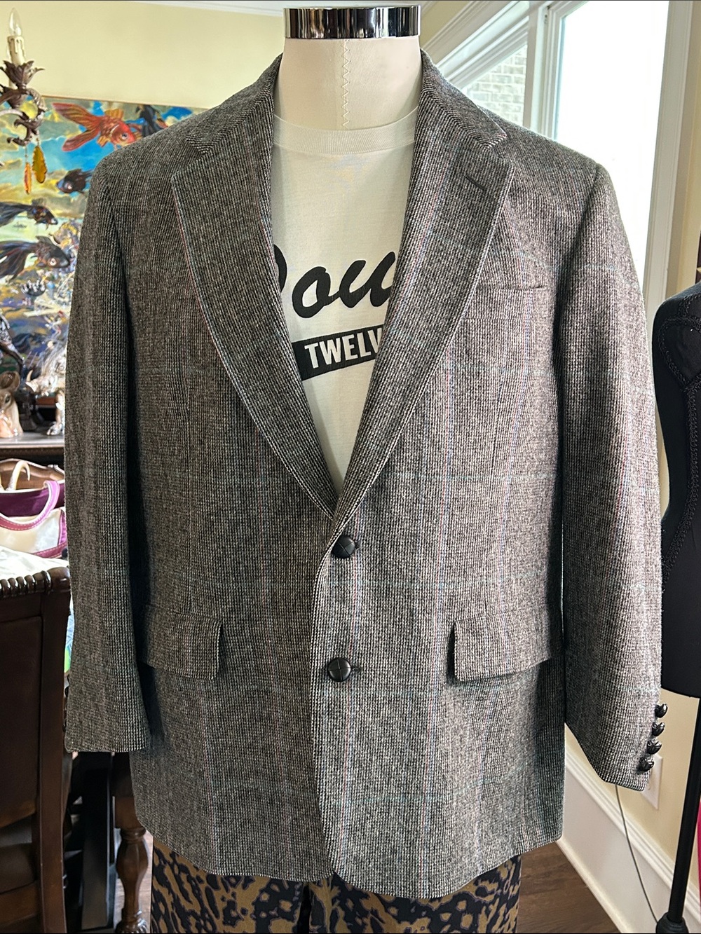 Hunter Haig Classic Men's Gray Herringbone Wool Single Breasted Blazer Sz L